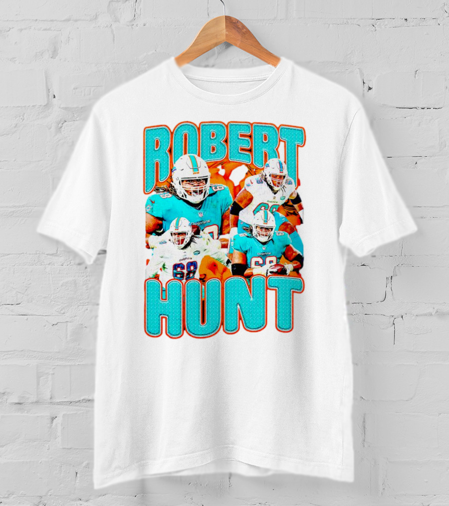 Robert Hunt Miami Dolphins 68 Vintage Football Collage T-Shirt