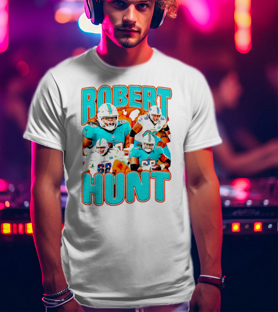 Robert Hunt Miami Dolphins 68 Vintage Football Collage T-Shirt
