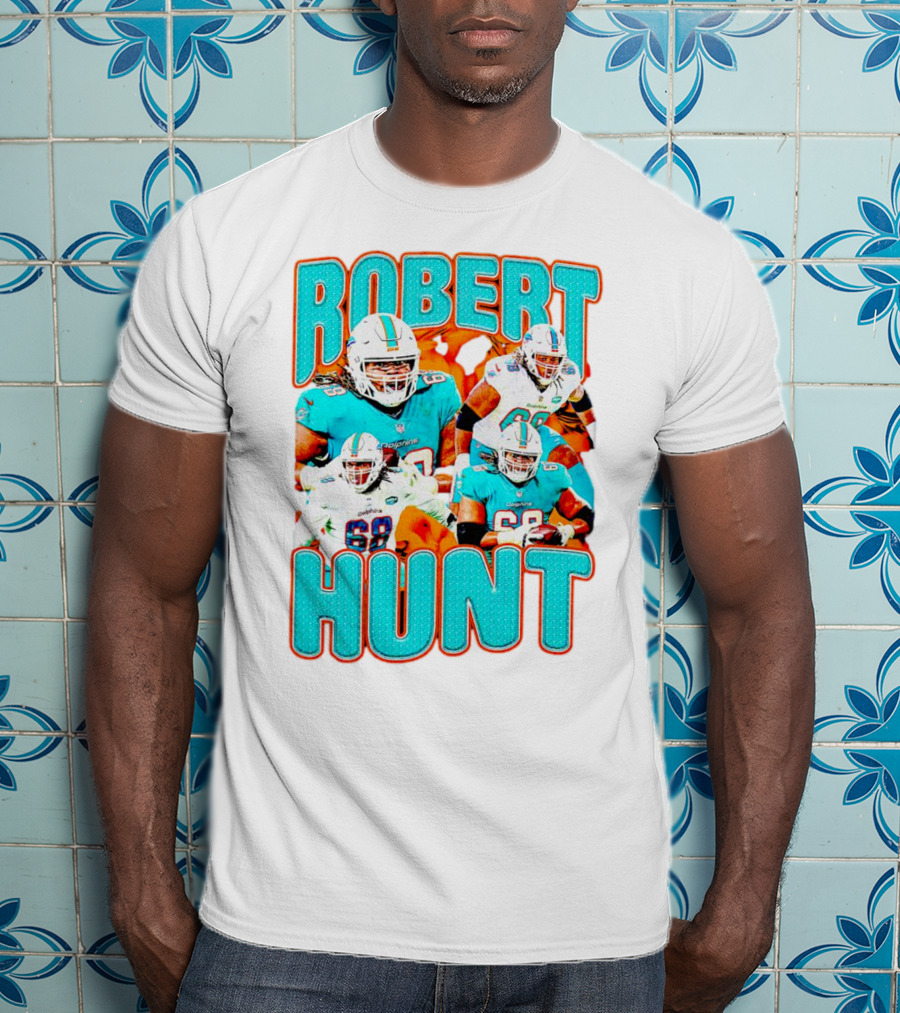 Robert Hunt Miami Dolphins 68 Vintage Football Collage T-Shirt