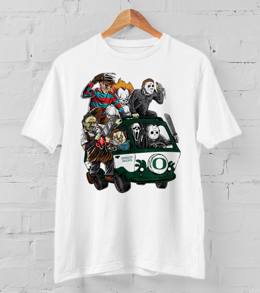 Oregon Ducks Horror Characters Bus Halloween Freddy Jason Michael Myers Pennywise Mask T-Shirt