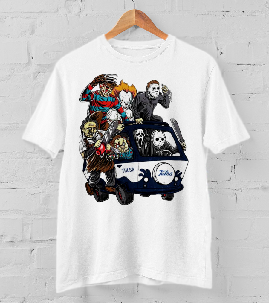 Tulsa Golden Hurricane Halloween Horror Characters Bus T-Shirt