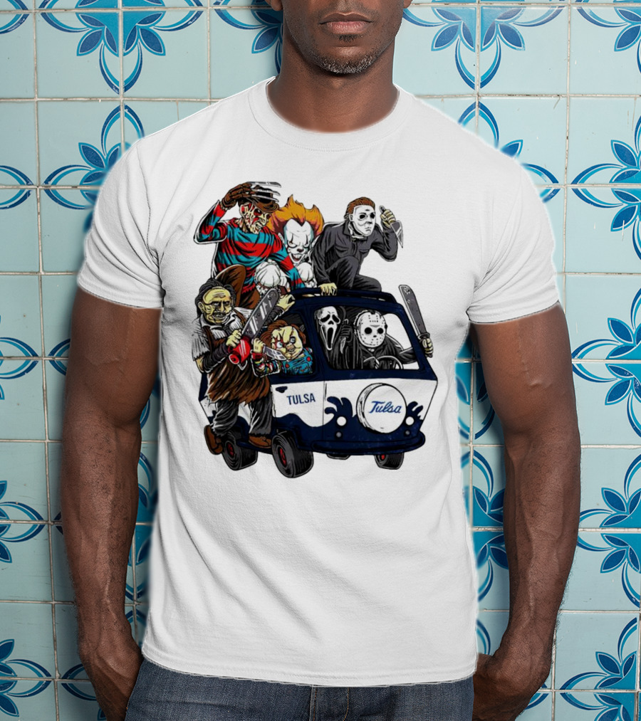 Tulsa Golden Hurricane Halloween Horror Characters Bus T-Shirt