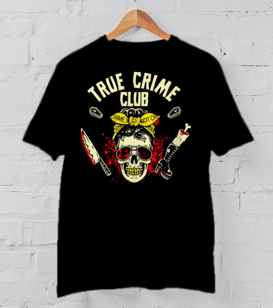 True Crime Club Messy Bun Skull With Crime Scene Elements T-Shirt