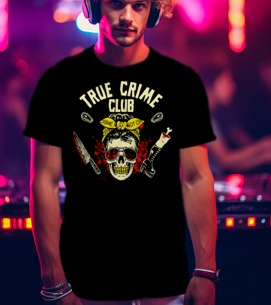 True Crime Club Messy Bun Skull With Crime Scene Elements T-Shirt