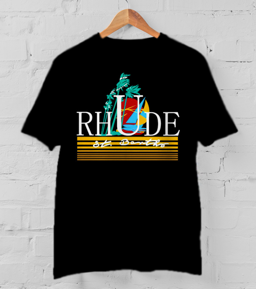 Rhude St Barths Vibrant Tropical Sailboat And Palm Trees T-Shirt