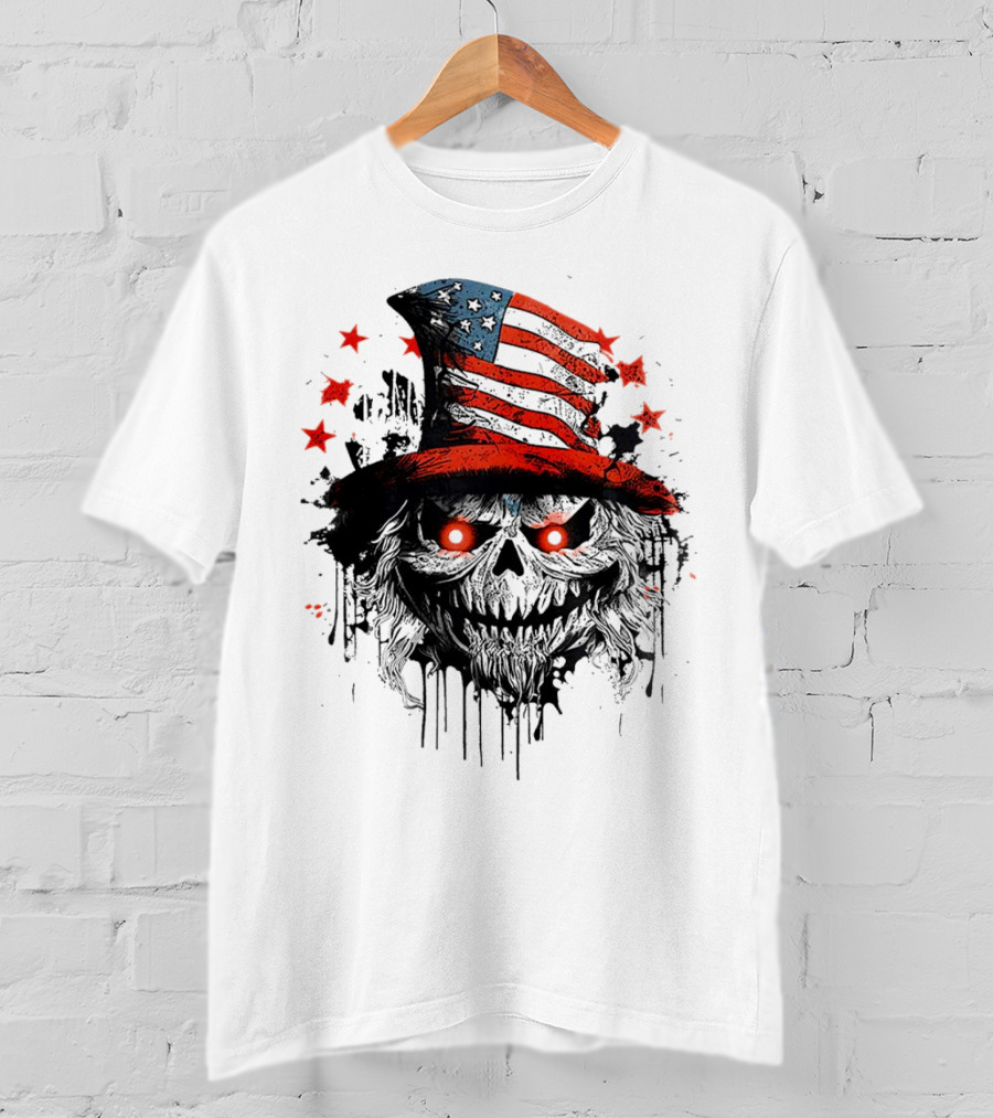 Creepy Uncle Sam Skeleton Skull Hat Dripping Red Eyes Halloween T-Shirt
