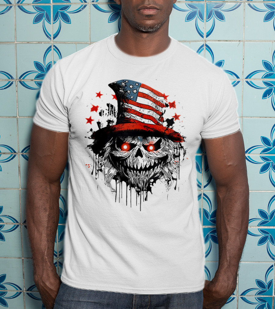 Creepy Uncle Sam Skeleton Skull Hat Dripping Red Eyes Halloween T-Shirt