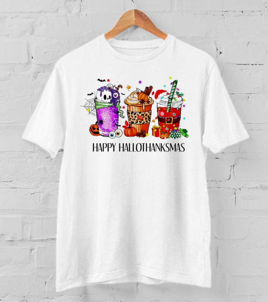 Happy Hallothanksmas With Spooky Fall And Festive Latte Trio T-Shirt