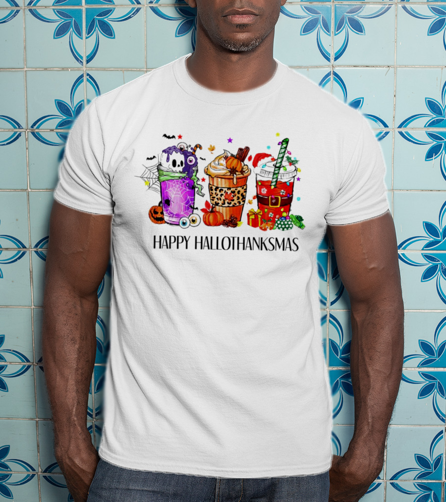 Happy Hallothanksmas With Spooky Fall And Festive Latte Trio T-Shirt