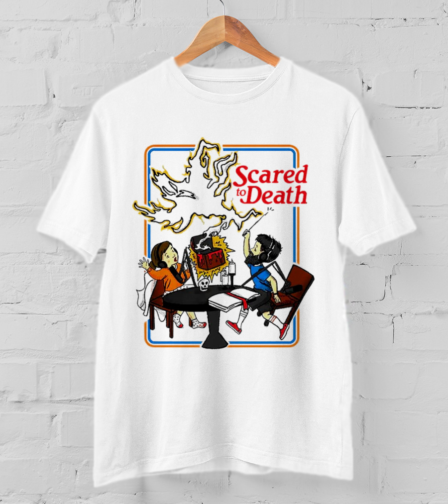 Scared To Death Podcast Horror Theme Two Hosts With Headphones Ghostly Flames T-Shirt