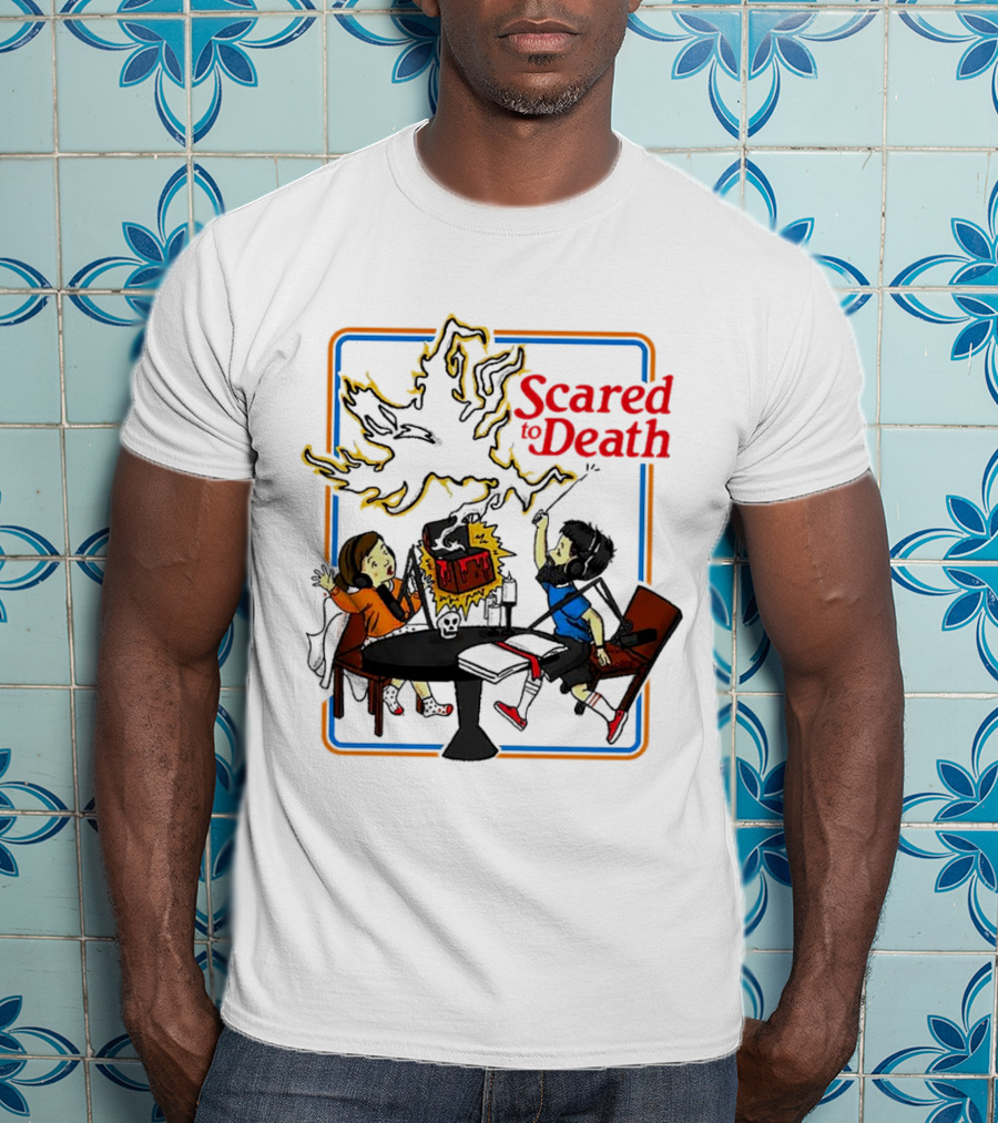 Scared To Death Podcast Horror Theme Two Hosts With Headphones Ghostly Flames T-Shirt