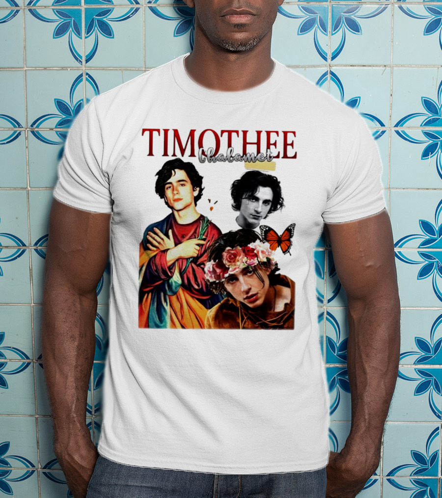 Timothee Chalamet Artistic Collage With Flowers And Butterfly T-Shirt