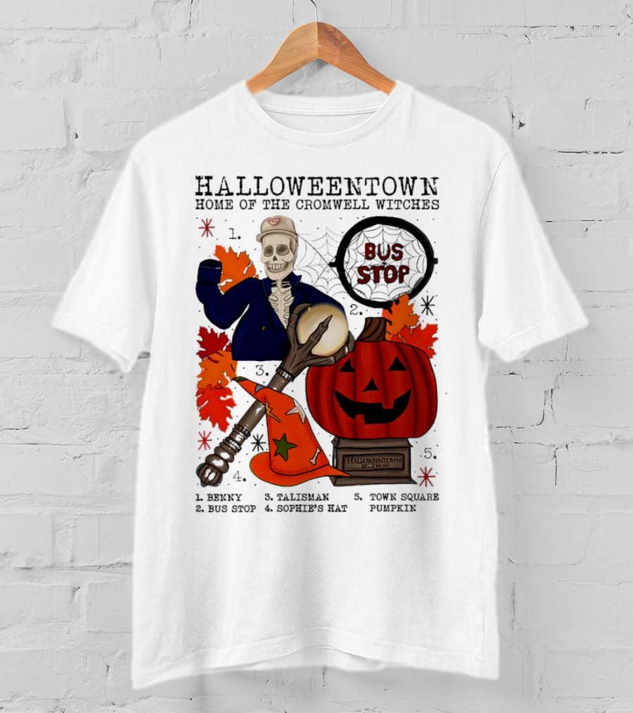 Halloweentown Home Of The Cromwell Witches Skeleton With Sophie’s Hat And Town Square Pumpkin T-Shirt