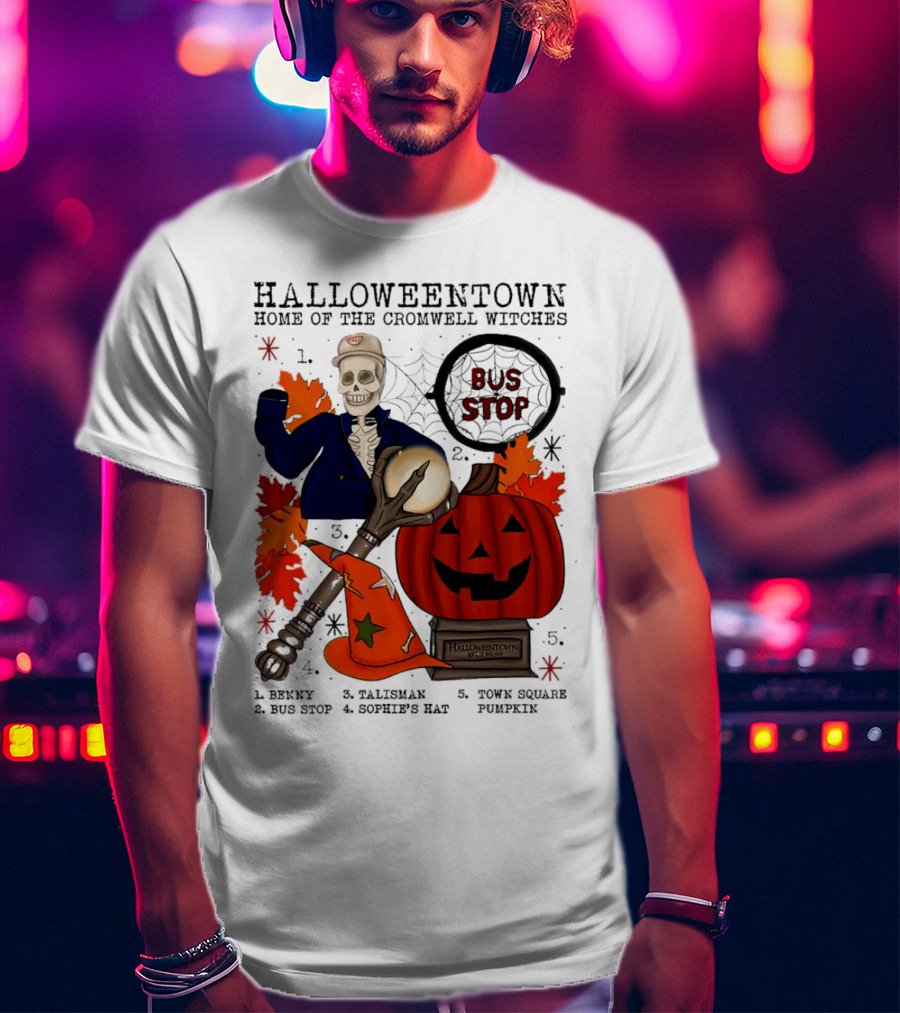 Halloweentown Home Of The Cromwell Witches Skeleton With Sophie’s Hat And Town Square Pumpkin T-Shirt