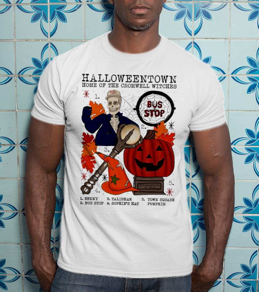 Halloweentown Home Of The Cromwell Witches Skeleton With Sophie’s Hat And Town Square Pumpkin T-Shirt