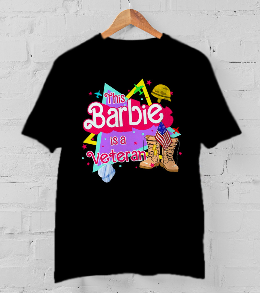 This Barbie Is A Veteran Boots American Flag Helmet Stars Background T-Shirt