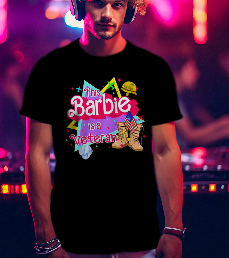 This Barbie Is A Veteran Boots American Flag Helmet Stars Background T-Shirt