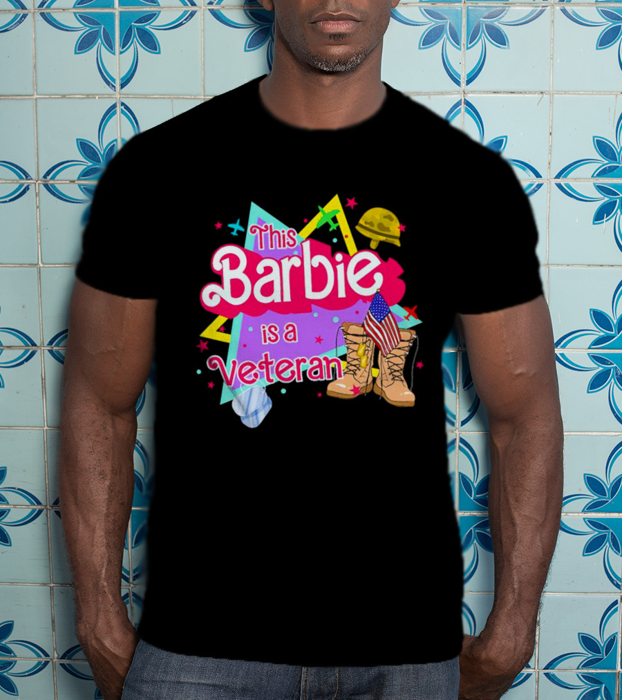 This Barbie Is A Veteran Boots American Flag Helmet Stars Background T-Shirt