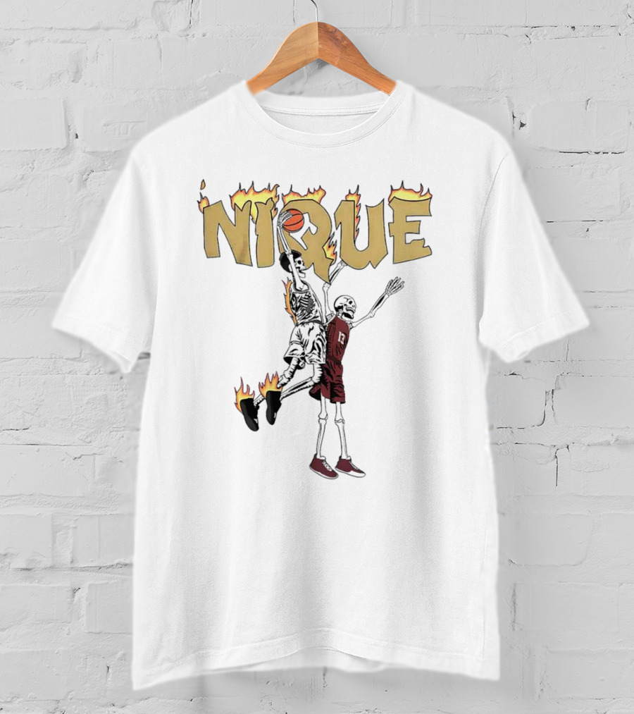 NIQUE Flaming Skeleton Dunk Basketball T-Shirt