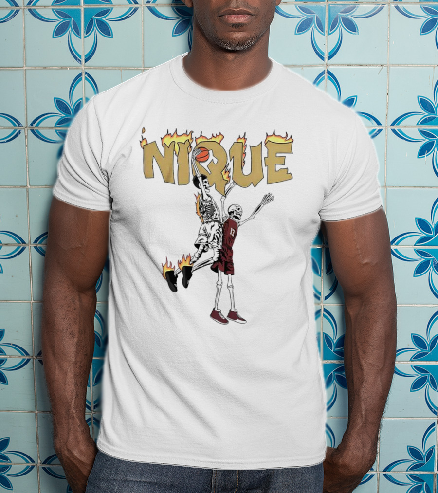 NIQUE Flaming Skeleton Dunk Basketball T-Shirt