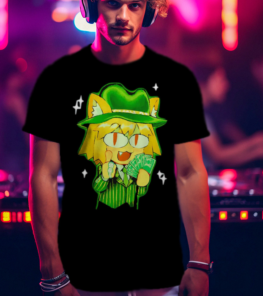 Sunny Waifu Gangster Neco-Arc Anime Cat Character With Money And Green Hat T-Shirt