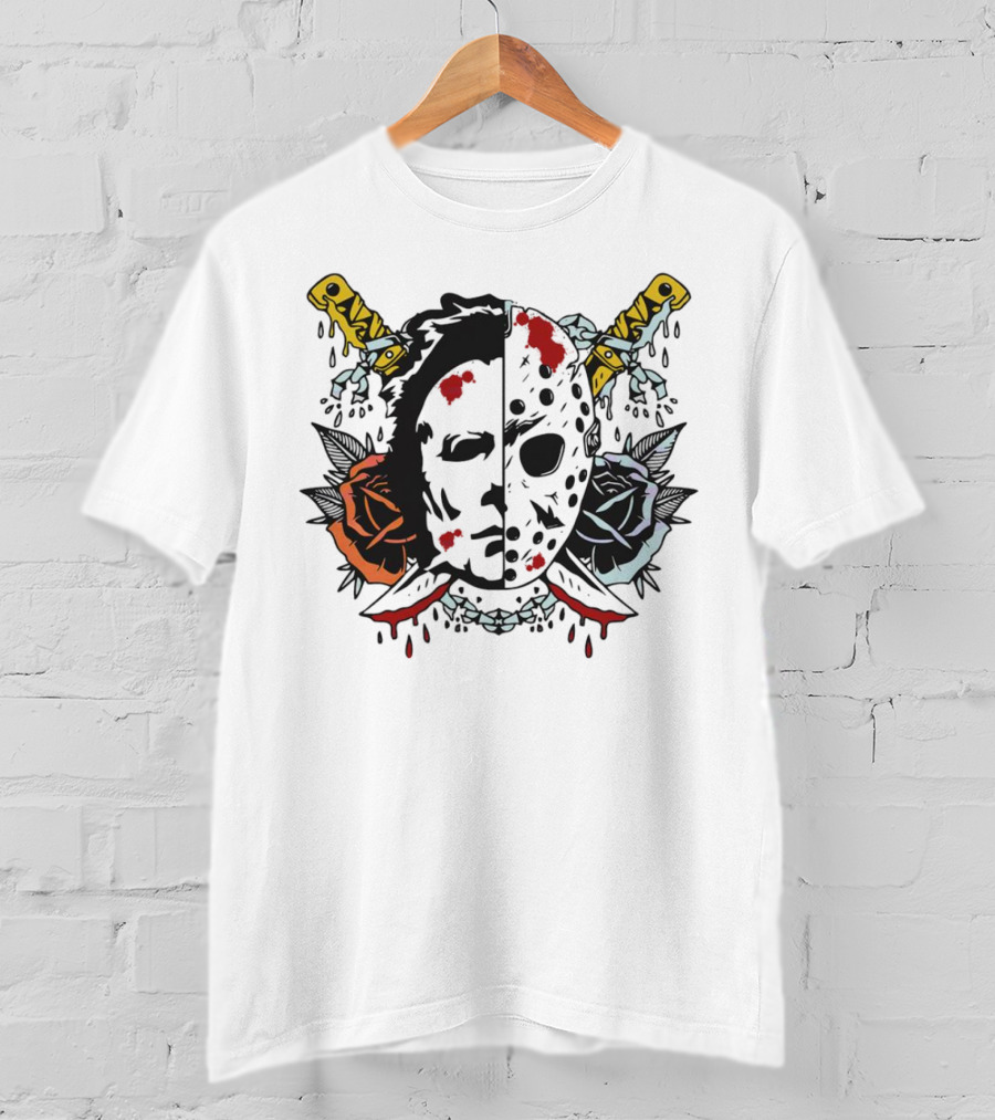 Floral Horror Movie Ghost Mask With Knives And Roses Vintage T-Shirt