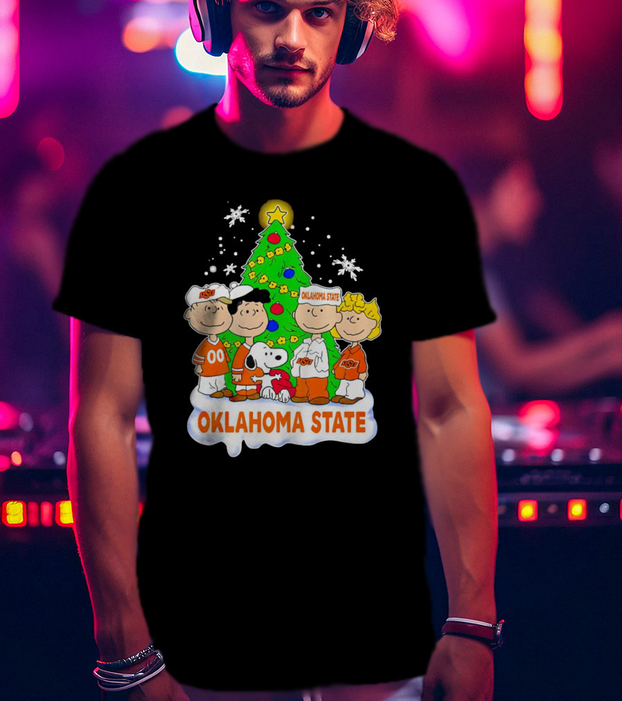 Peanuts Oklahoma State Cowboys Christmas Tree Snoopy Charlie Brown Lucy Peppermint Patty T-Shirt