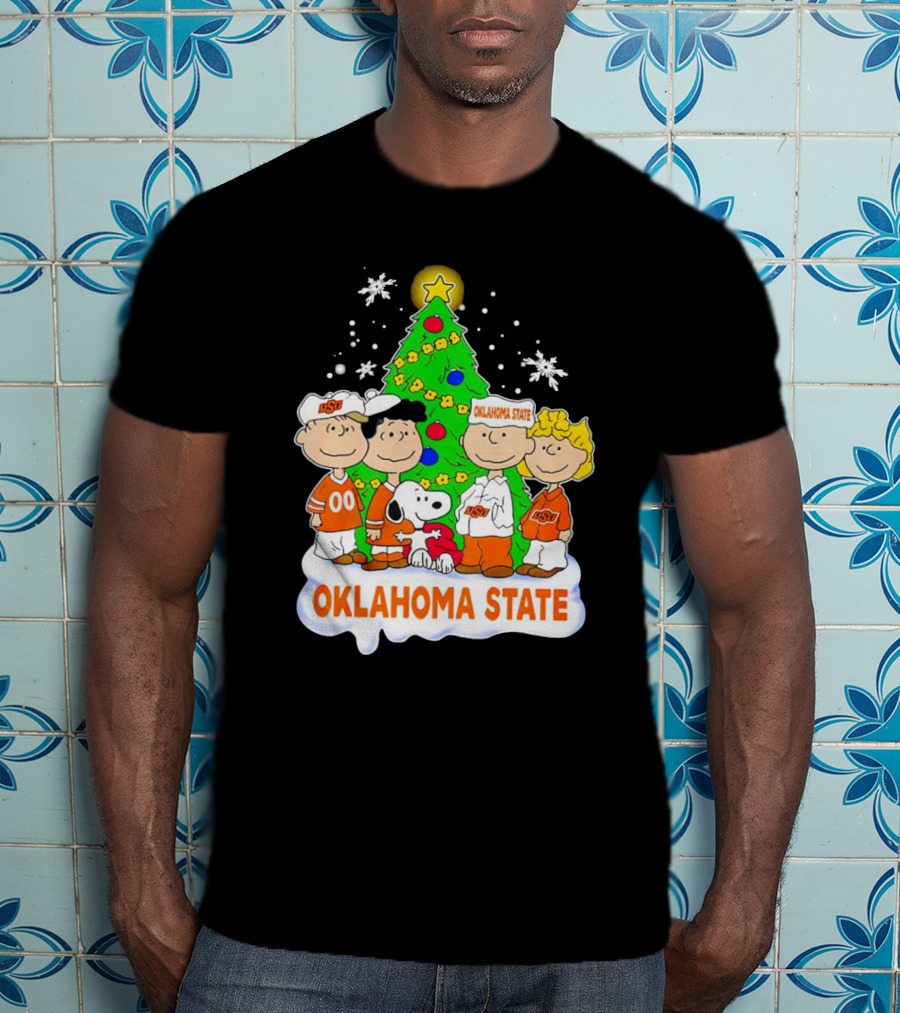 Peanuts Oklahoma State Cowboys Christmas Tree Snoopy Charlie Brown Lucy Peppermint Patty T-Shirt