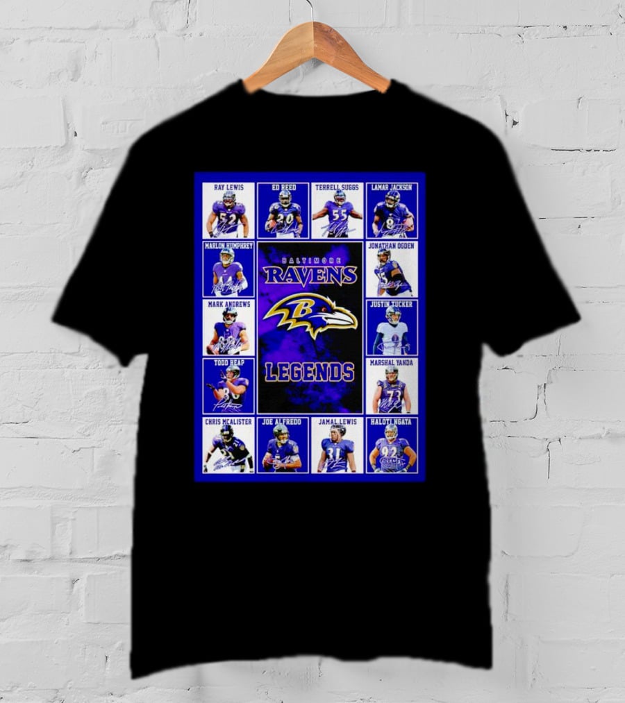Baltimore Ravens Legends Ray Lewis Ed Reed Lamar Jackson Signature Collection T-Shirt