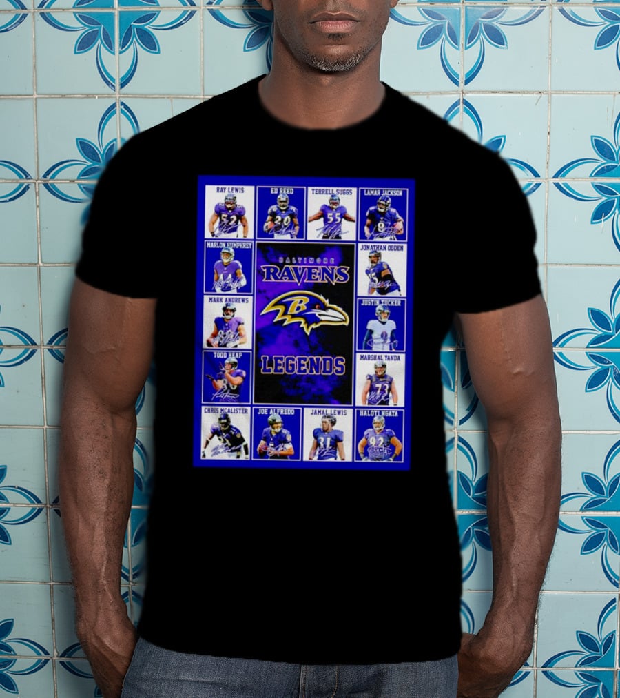 Baltimore Ravens Legends Ray Lewis Ed Reed Lamar Jackson Signature Collection T-Shirt