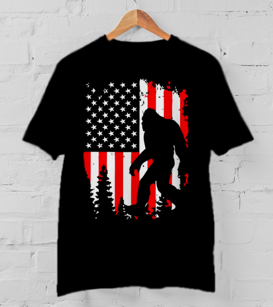 Bigfoot Silhouette With American Flag Background T-Shirt