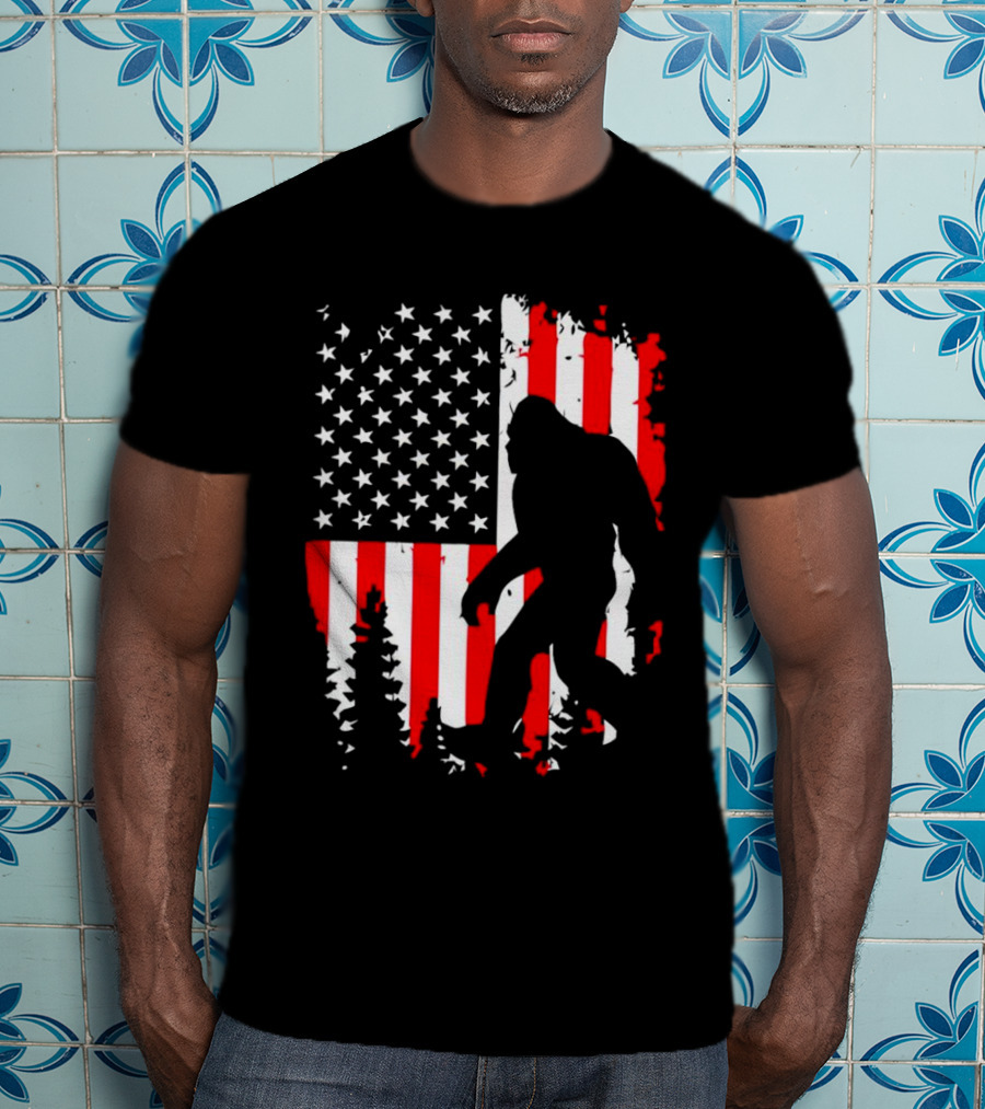 Bigfoot Silhouette With American Flag Background T-Shirt