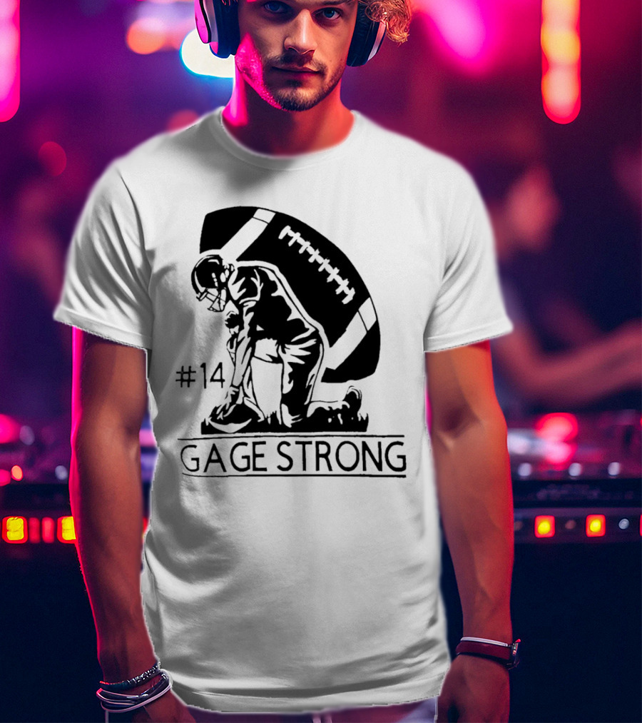 Gage Strong #14 Football Player Kneeling In Front Of Large Football T-Shirt