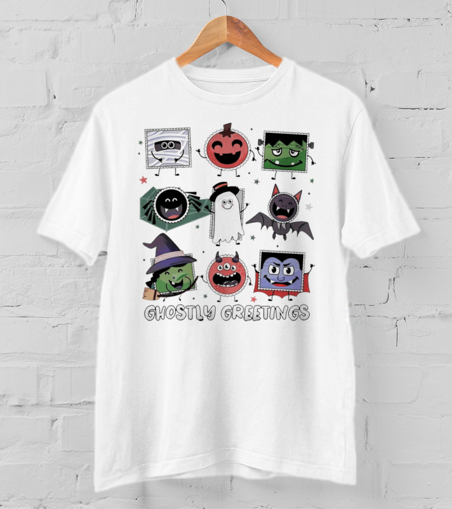 Ghostly Greetings With Halloween Monster Faces And Characters T-Shirt