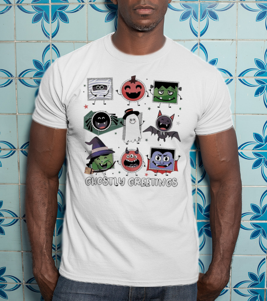 Ghostly Greetings With Halloween Monster Faces And Characters T-Shirt