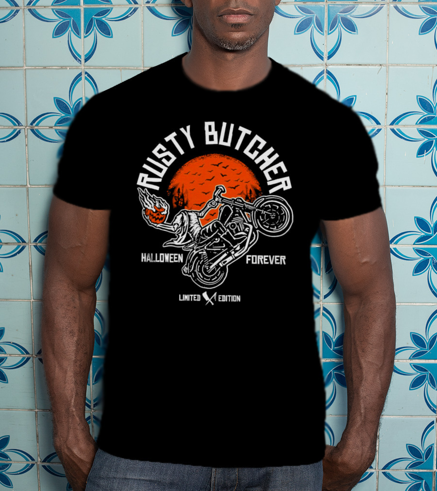 Rusty Butcher Halloween Forever Pumpkin Motorcycle Moon Bats T-Shirt