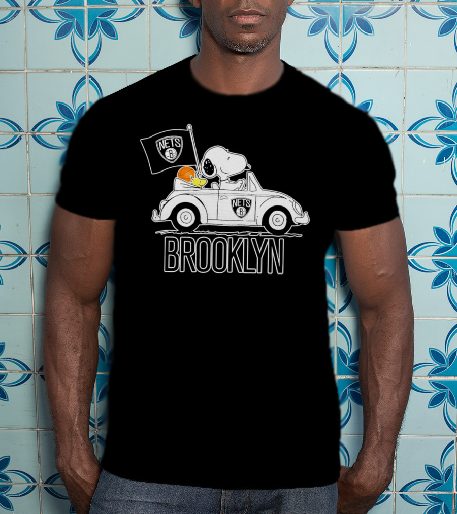 Brooklyn Nets Snoopy Driving Car With Basketball And Flag T-Shirt