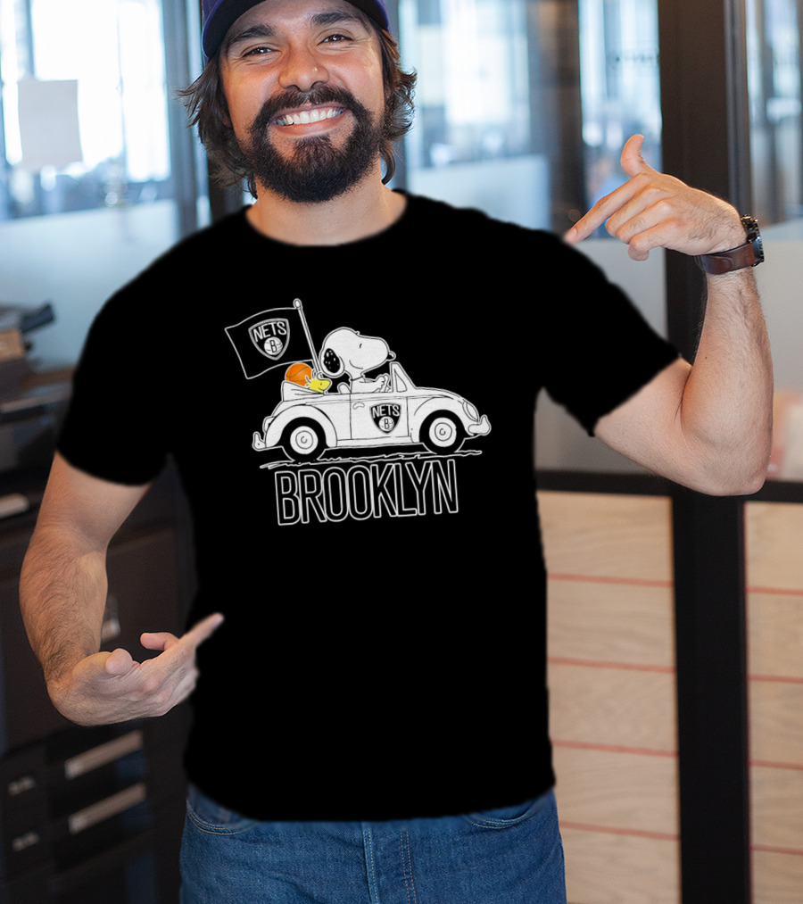 Brooklyn Nets Snoopy Driving Car With Basketball And Flag T-Shirt