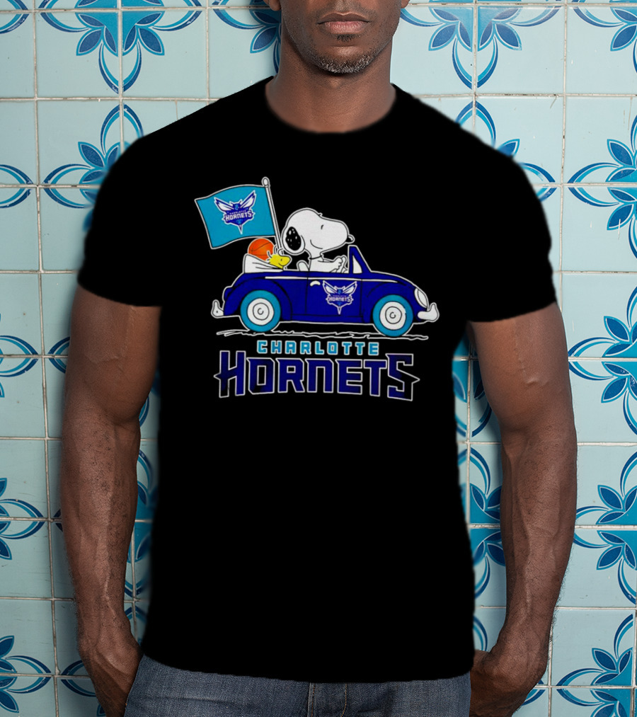 Charlotte Hornets Snoopy Dog Driving Car With Flag T-Shirt