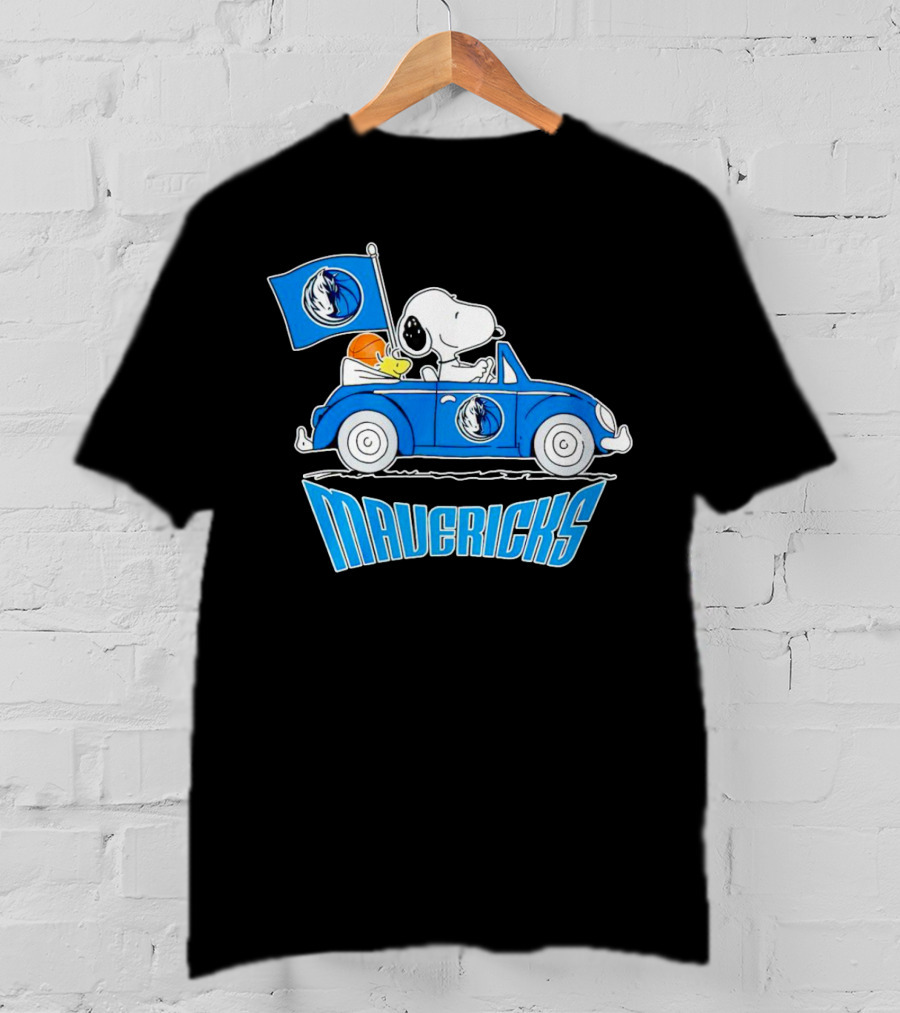 Mavericks Basketball Snoopy Driving Car With Logo Flag T-Shirt