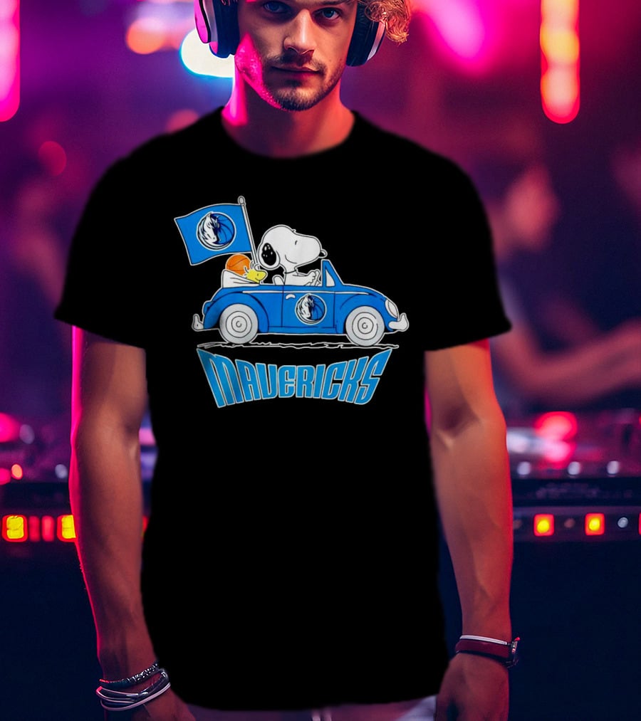 Mavericks Basketball Snoopy Driving Car With Logo Flag T-Shirt