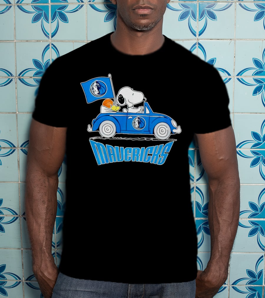 Mavericks Basketball Snoopy Driving Car With Logo Flag T-Shirt