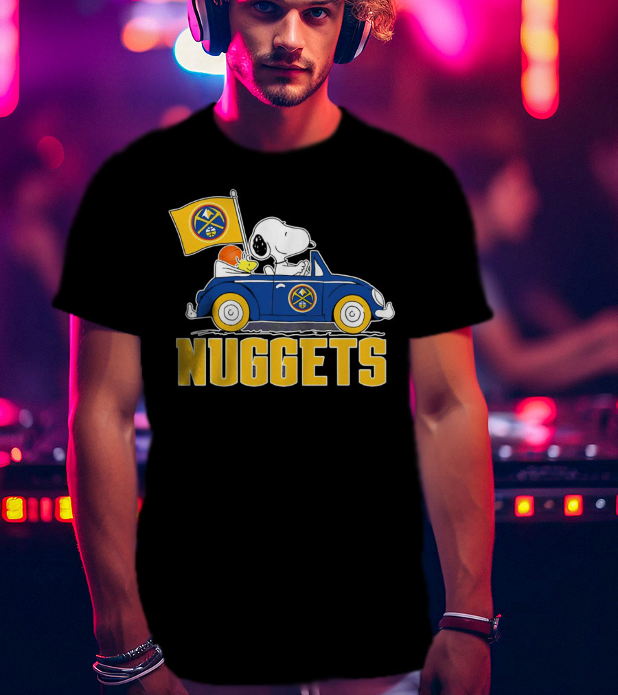 Denver Nuggets Snoopy Driving Car With Basketball Flag T-Shirt