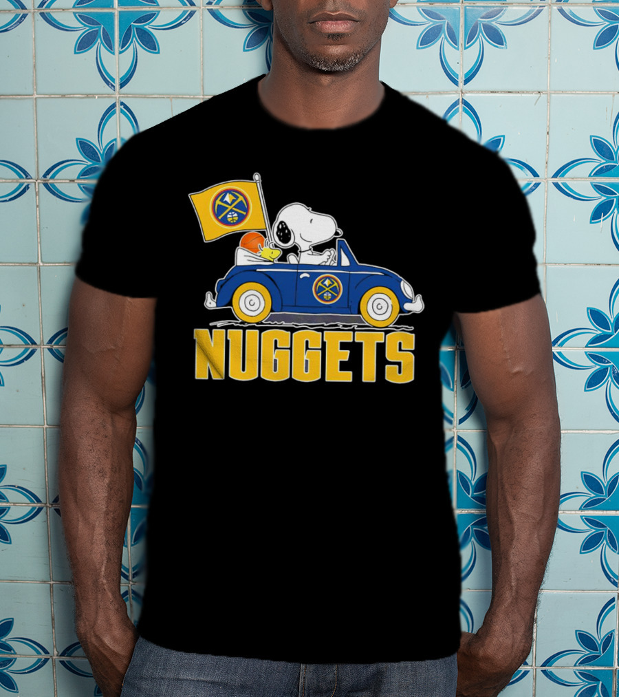 Denver Nuggets Snoopy Driving Car With Basketball Flag T-Shirt
