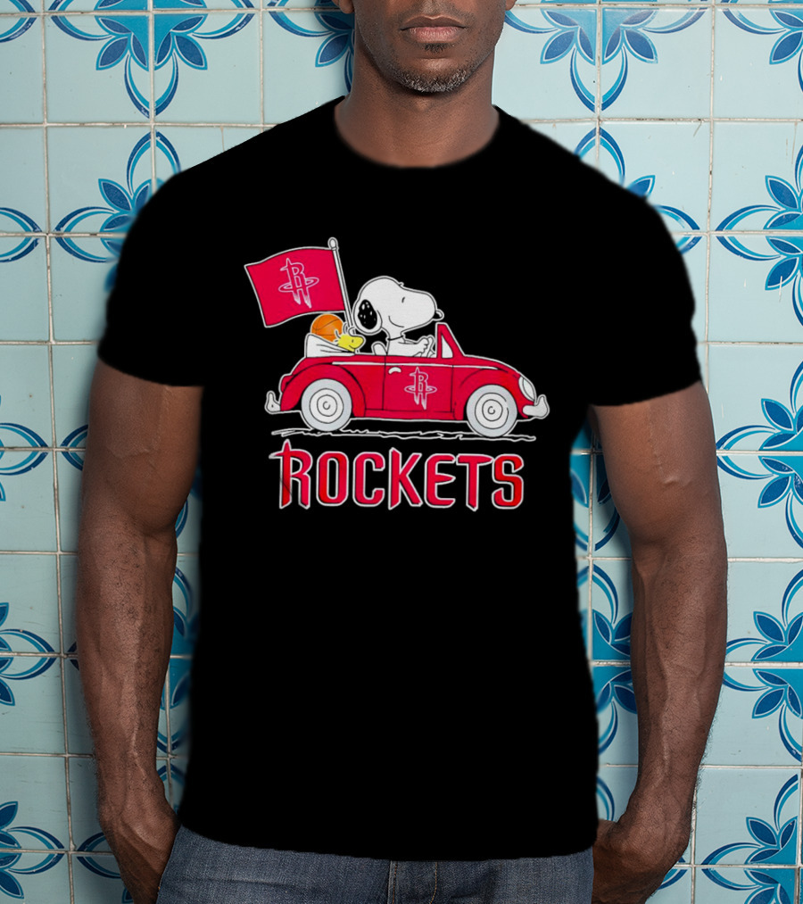 Rockets Snoopy Driving Red Car With Basketball Flag T-Shirt