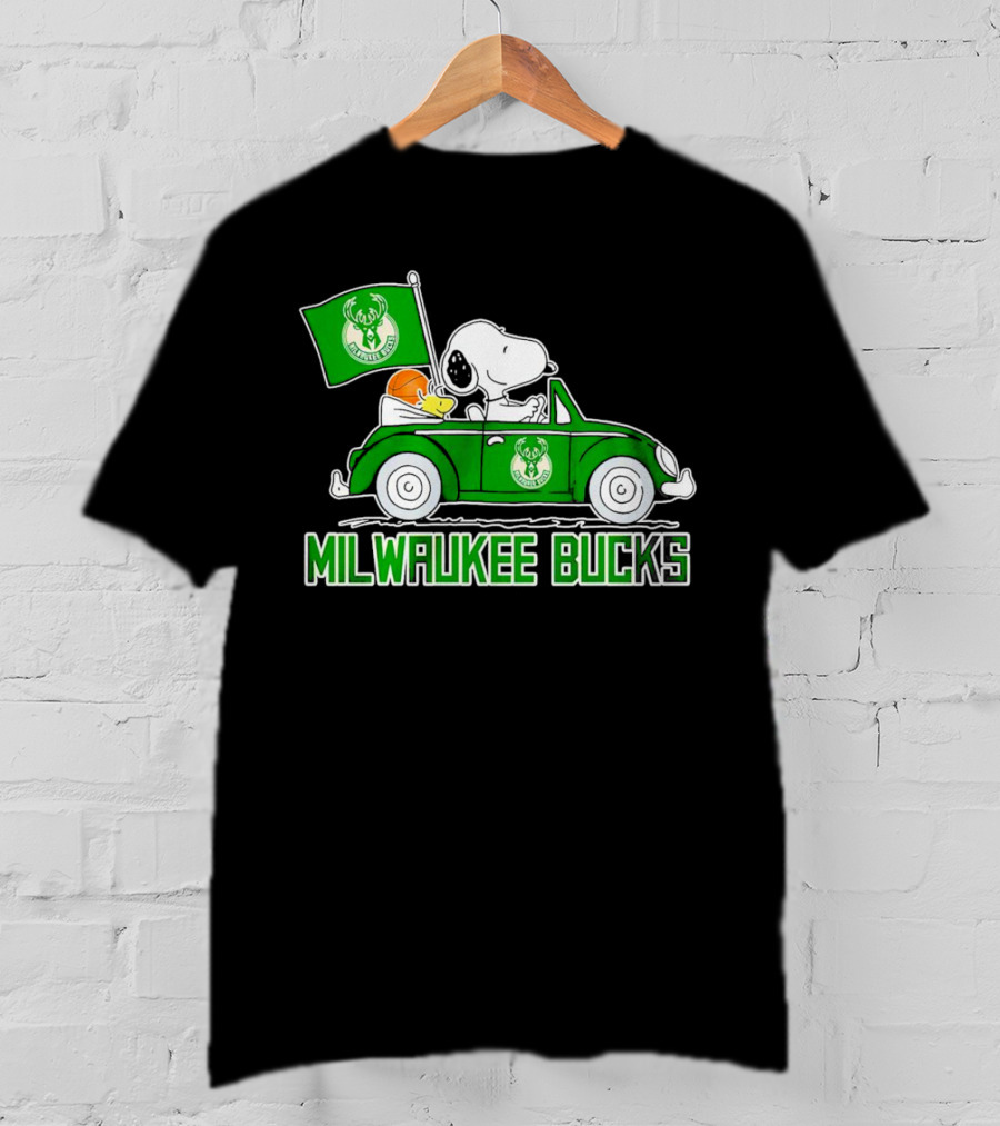 Milwaukee Bucks Snoopy Driving Car With Basketball And Team Flag T-Shirt