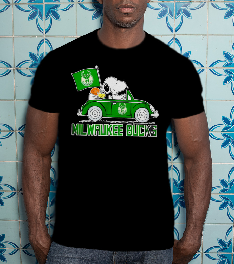 Milwaukee Bucks Snoopy Driving Car With Basketball And Team Flag T-Shirt