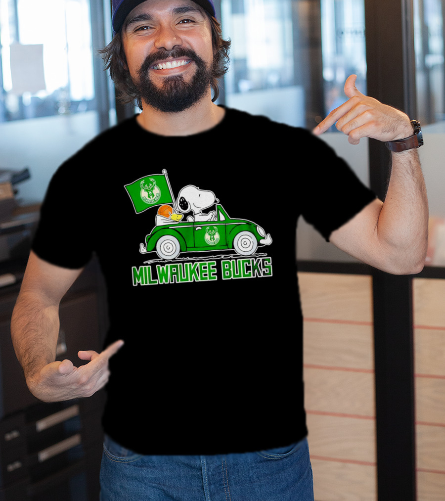 Milwaukee Bucks Snoopy Driving Car With Basketball And Team Flag T-Shirt