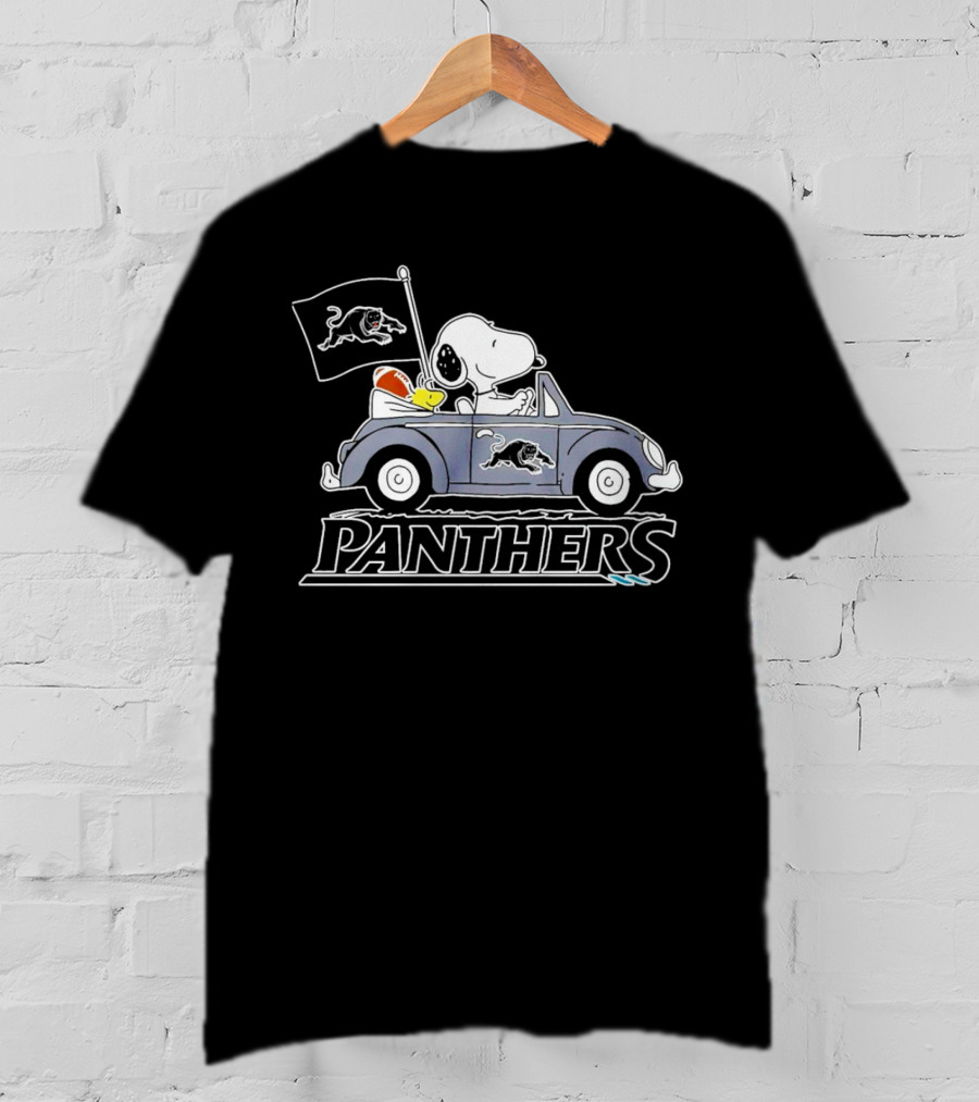 Snoopy Driving Volkswagen With Panthers Football Flag Peanuts T-Shirt