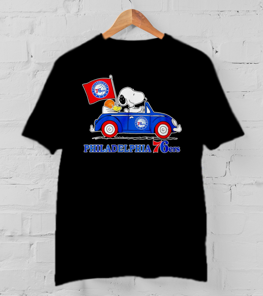 Philadelphia 76ers Snoopy Driving Car With Basketball And Flag T-Shirt